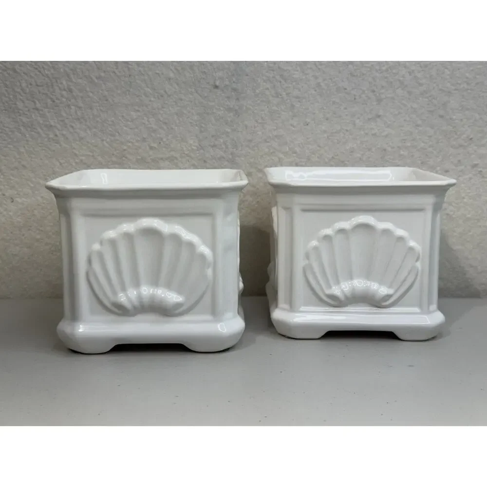 Jay Willfred White Glazed Ceramic Planter Raised Coastal Seashells Portugal VTG